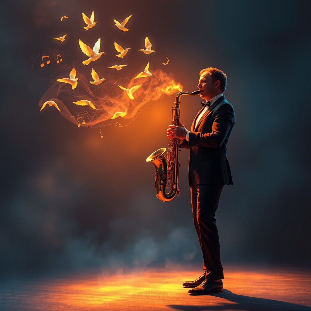 Saxophonist on Stage with Swirling Notes: Matte Painting