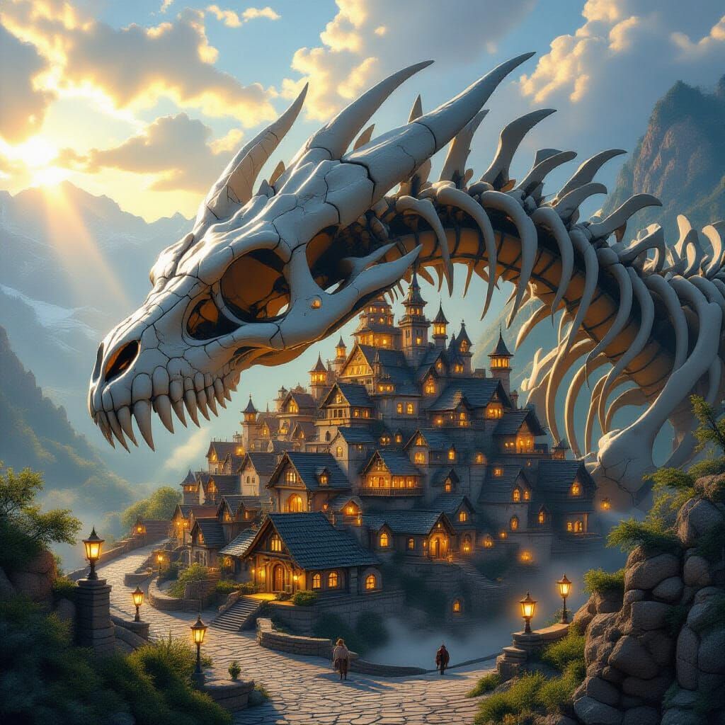 Fairy Village in Dragon Skeleton, Illuminated by Lanterns