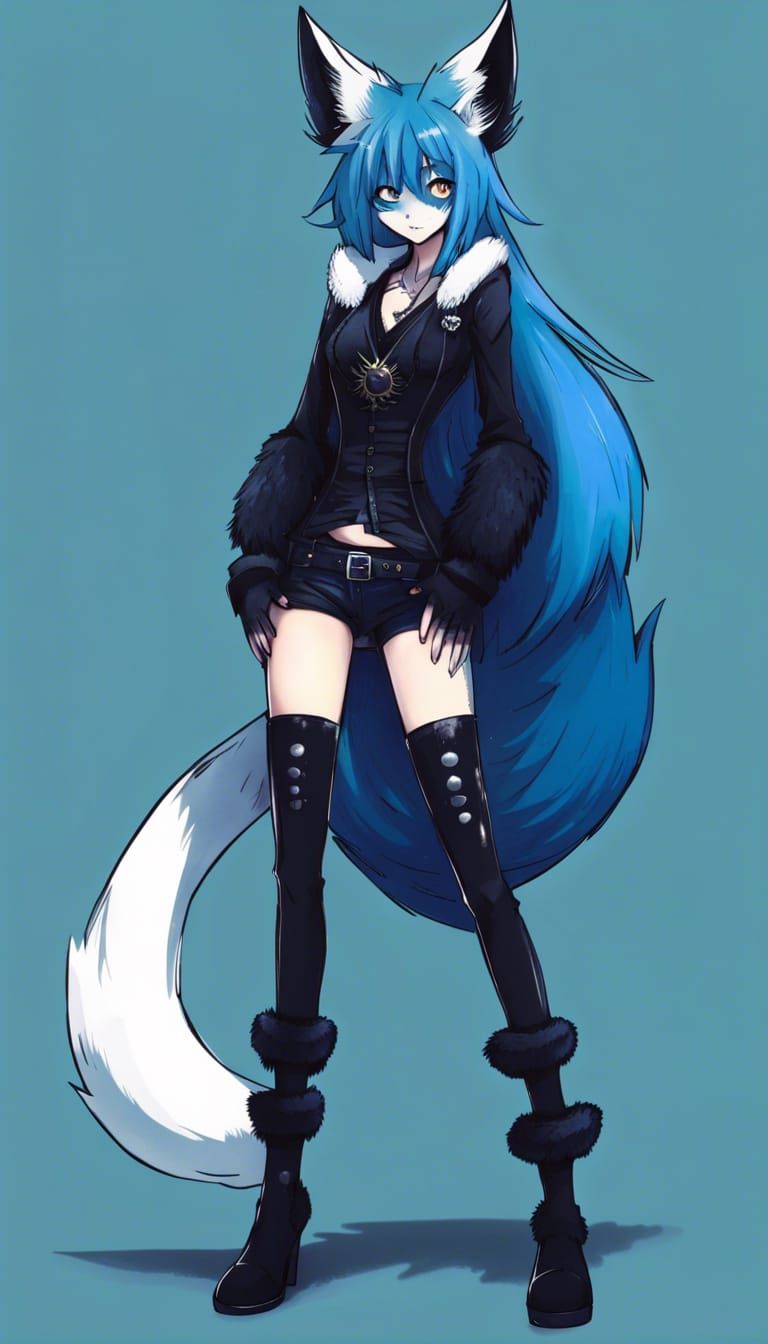 Blue Fox Anthro in Goth Coat, Anime Manga Style