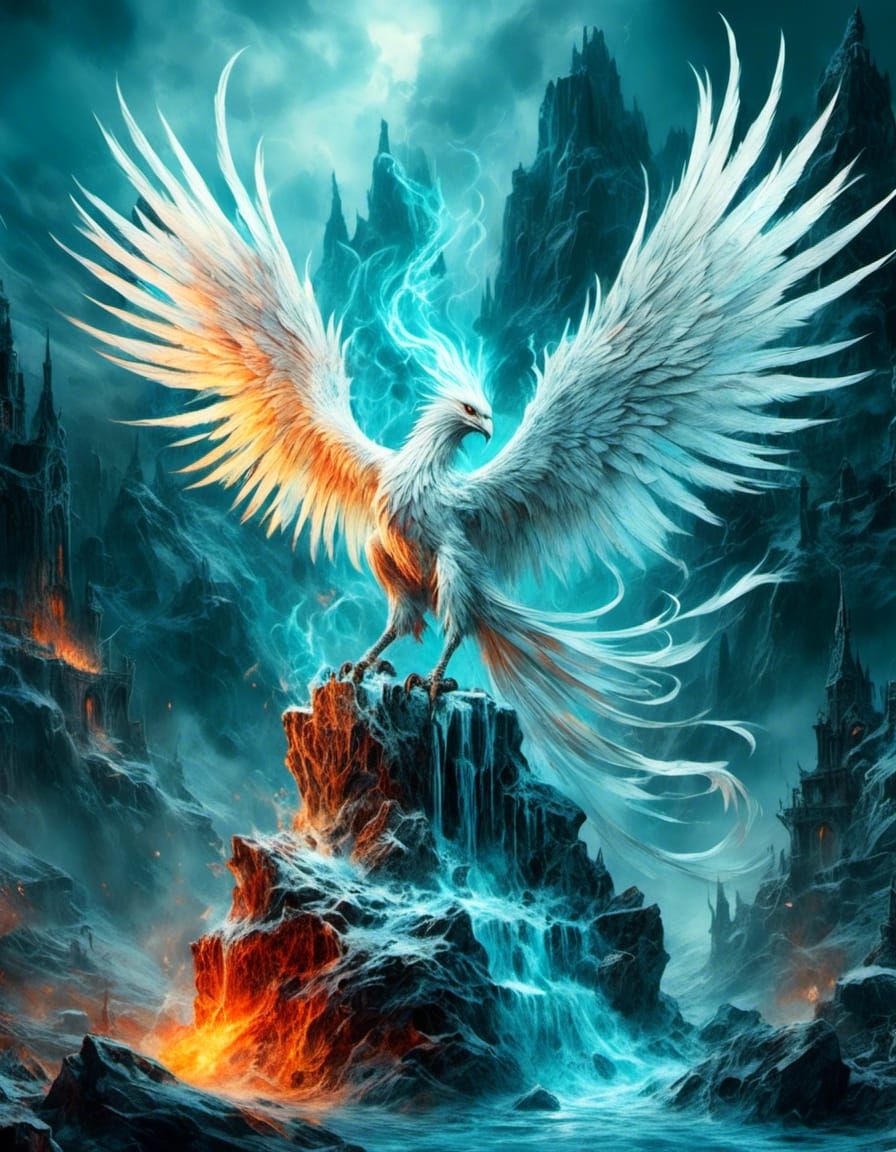 Epic White Phoenix on Crystal Rainbow Rock