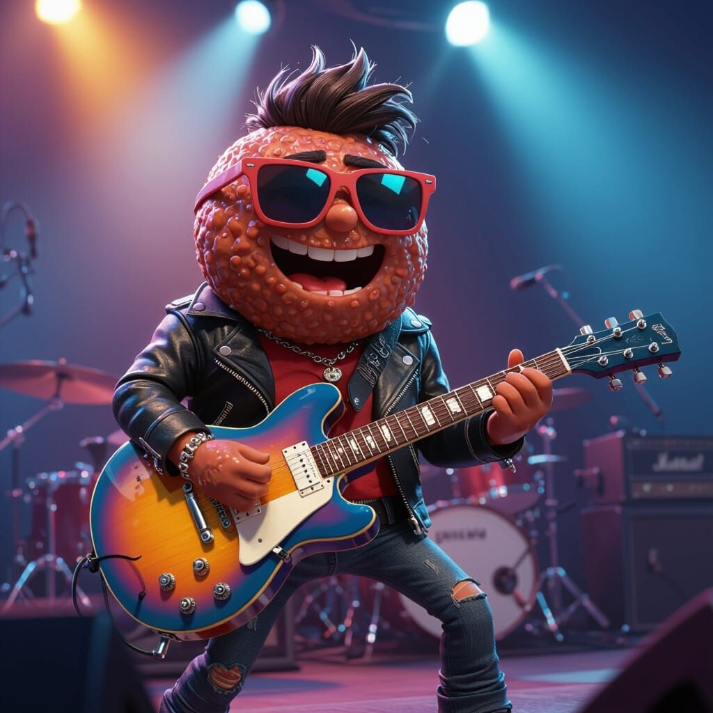 Pixar Style Rockstar Meatball Plays Guitar Onstage