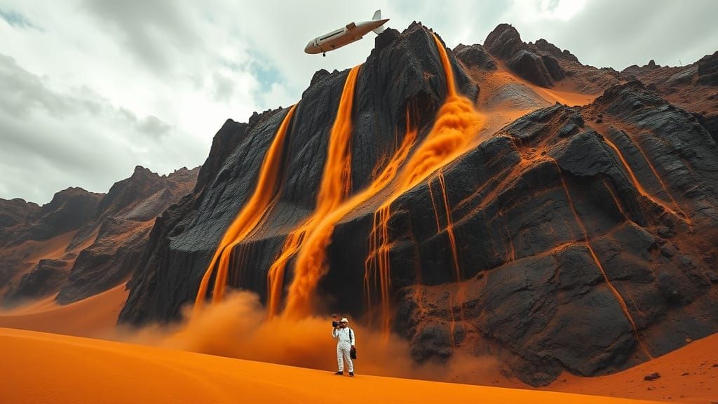 Monumental Sandfall Scene with Futuristic Airship