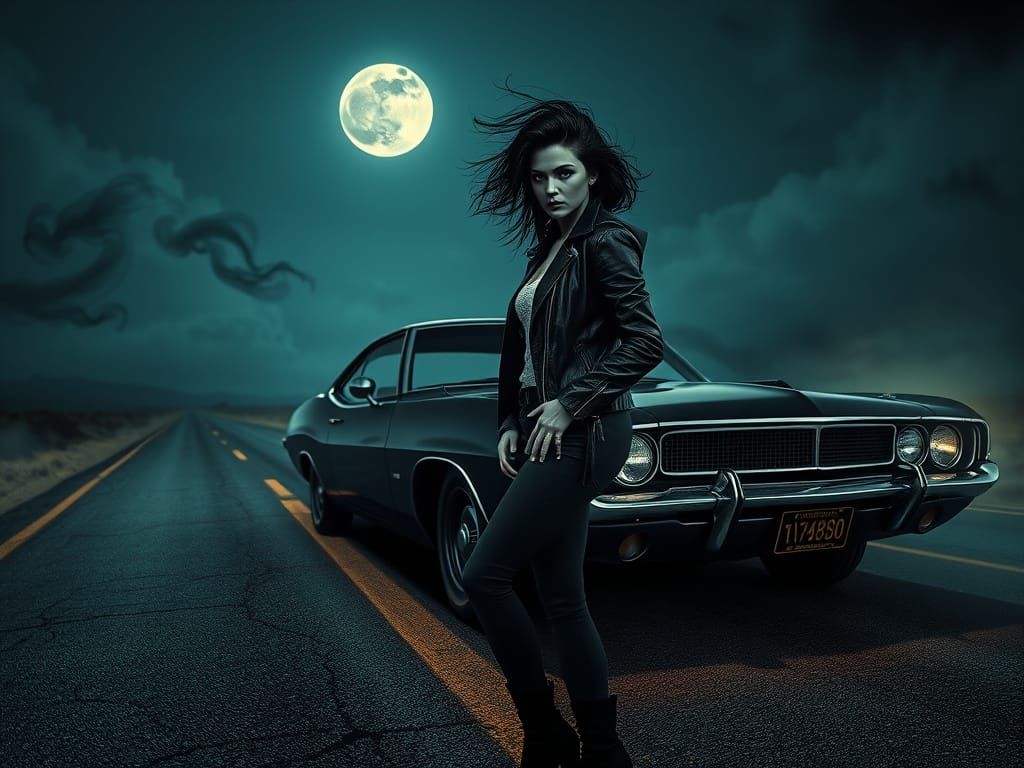 Spectral Rockabilly Woman Beside Vintage Muscle Car