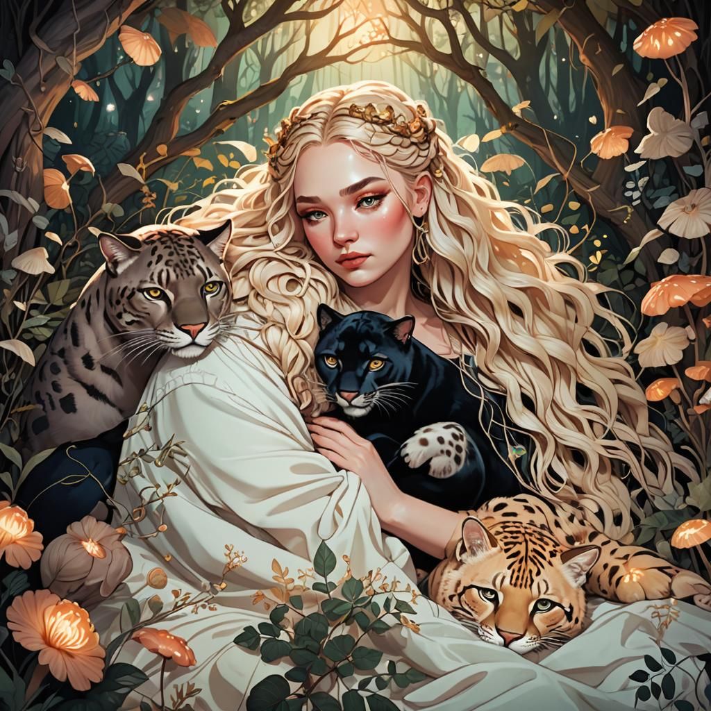 Fantasy Scene: Woman and Panther in Forest Bed