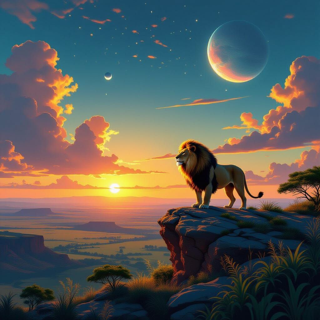 Majestic Lion on Alien Savanna with Double Sunset