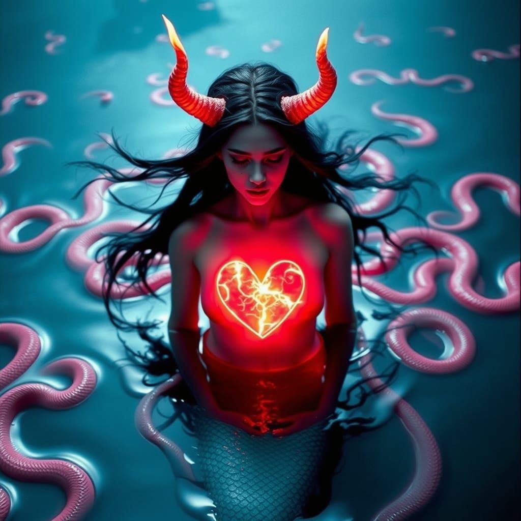 Surreal Mermaid with Flaming Horns and Snakes