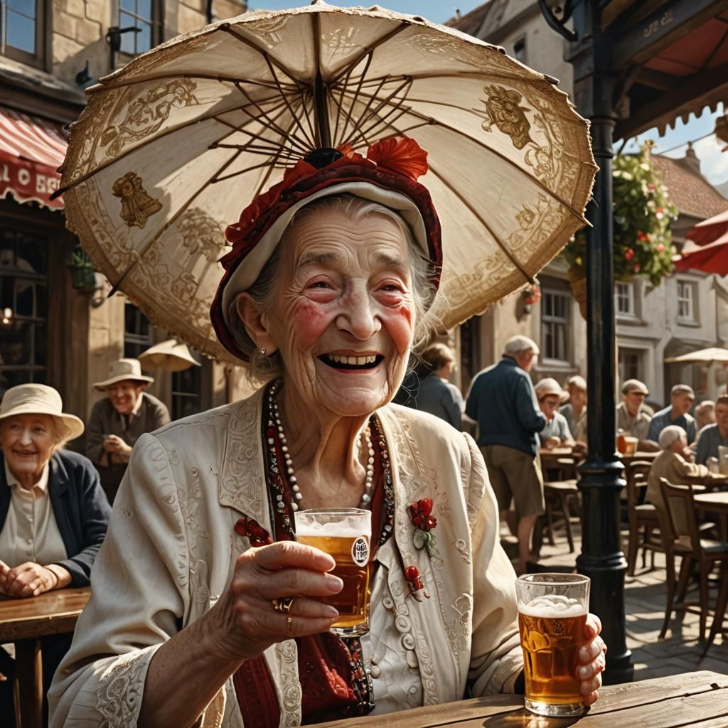 Baroque Old Woman Enjoys Beer in Golden Light