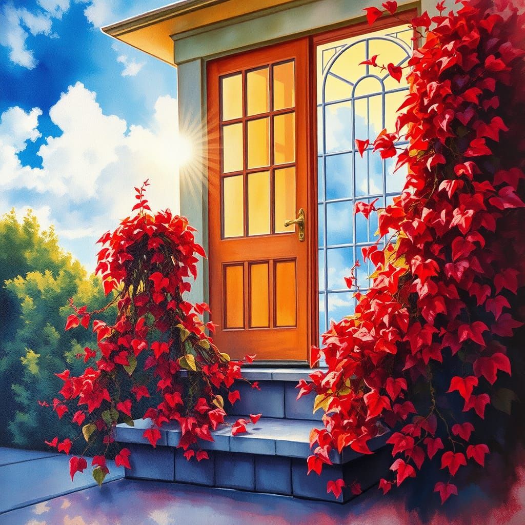 Impressionist Gouache: Red Climbers and Sunlit Porch
