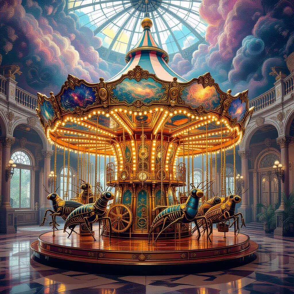Steampunk Carousel with Mechanical Insects in Art Nouveau St...