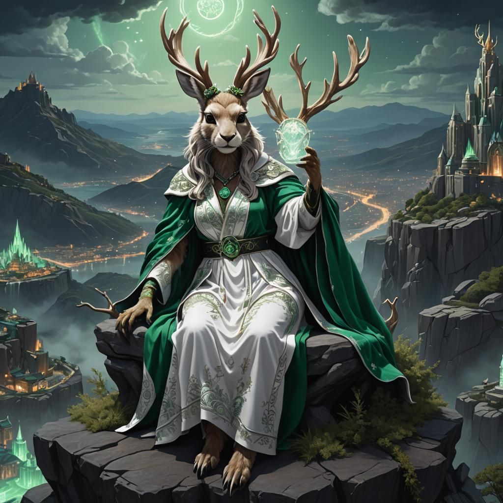 Jackalope Priestess on Throne, Holographic Illustration