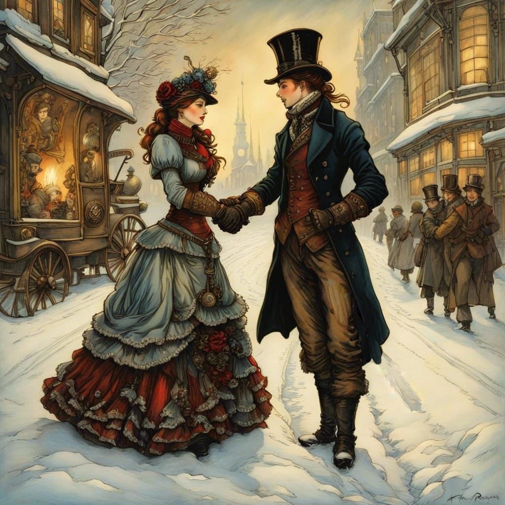 Steampunk Farewell on Snowy Street in Rackham Style