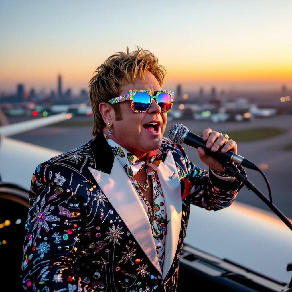 Elton John Sings on Ed Force One in Warhol Style