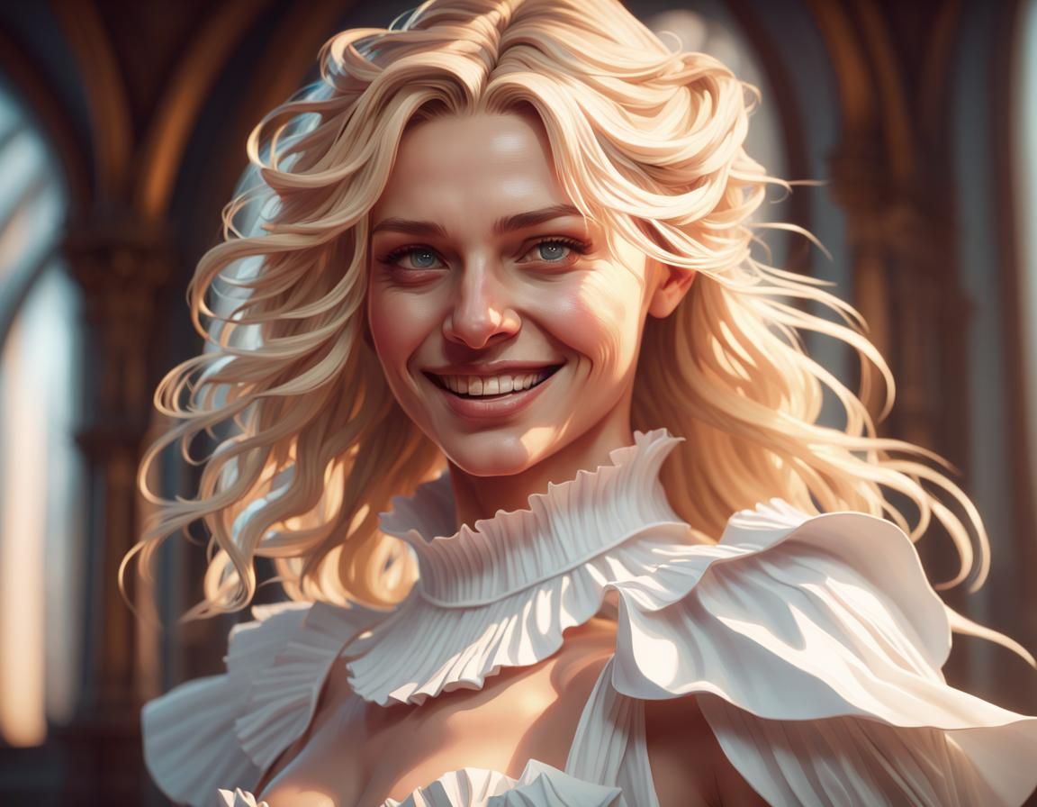 Blond Woman in Frills at Sunset: Hyperdetailed Portrait