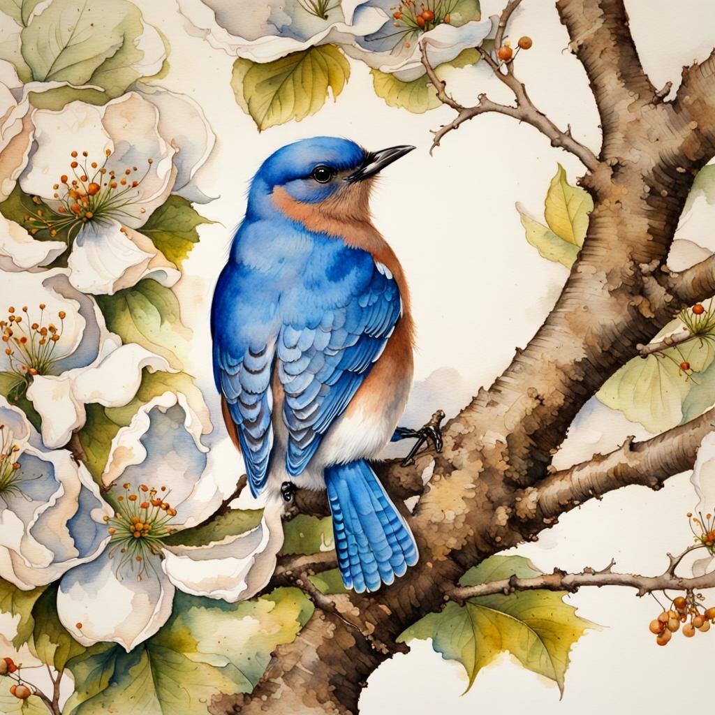 Bluebird Nesting in Dogwood Tree Watercolor