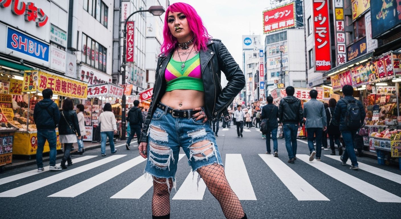 Gyaru Girl Posing in Shibuya Street Style