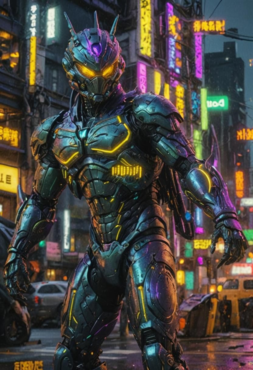 Guyver Bio-Armor in a Neon Cityscape