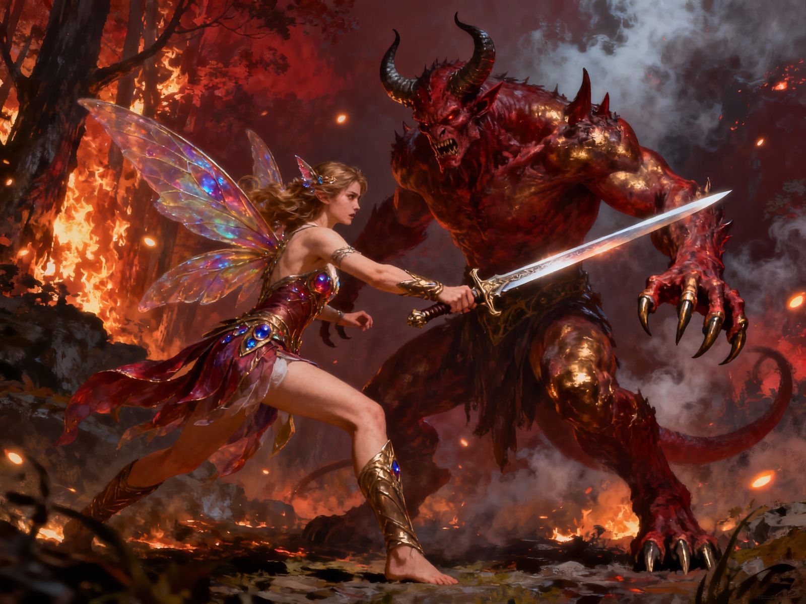 Fae Warrior Battles Demonic Foe in Fiery Forest