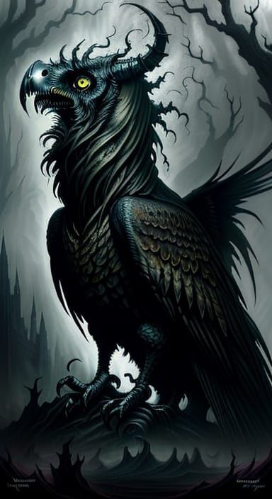 Gothic Owl Perched on Twisted Tree Branch in Dark Fantasy St...