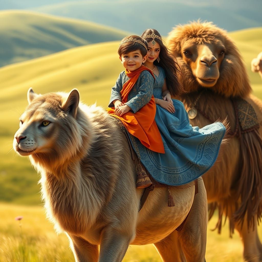 Boy on Cat, Lady, and Camel in Motion