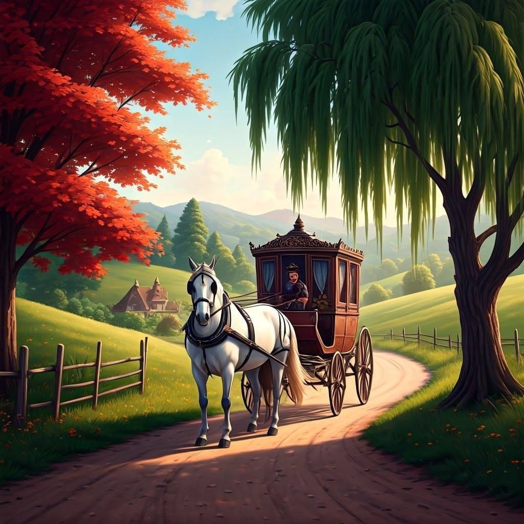 Victorian Village with Maple Trees and Horse-Drawn Carriage
