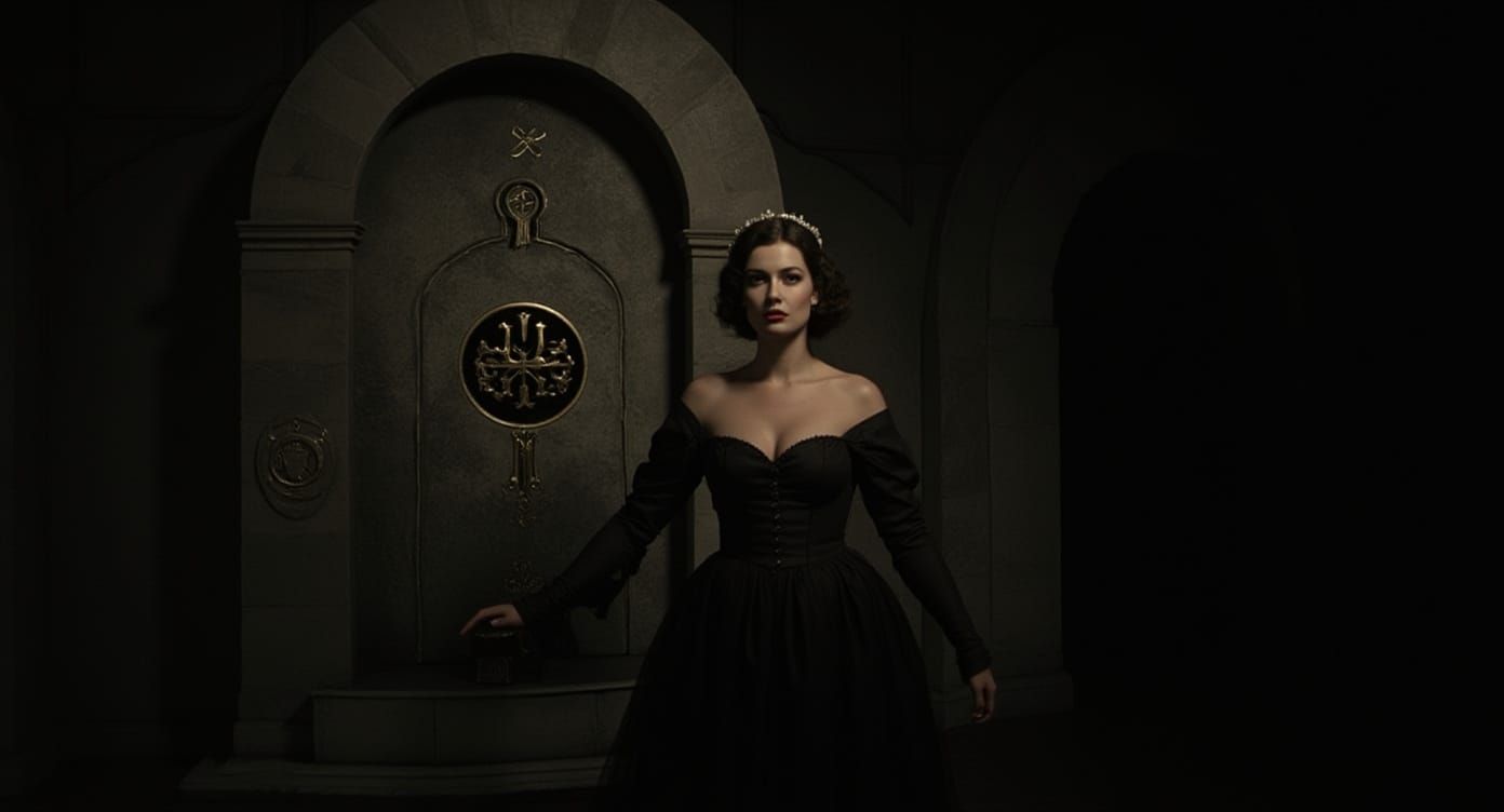 Elegant Woman at Altar in Dark Academia Style