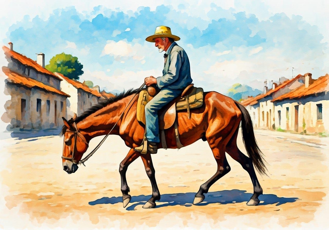 Watercolor of Old Man and Horse in Landscape