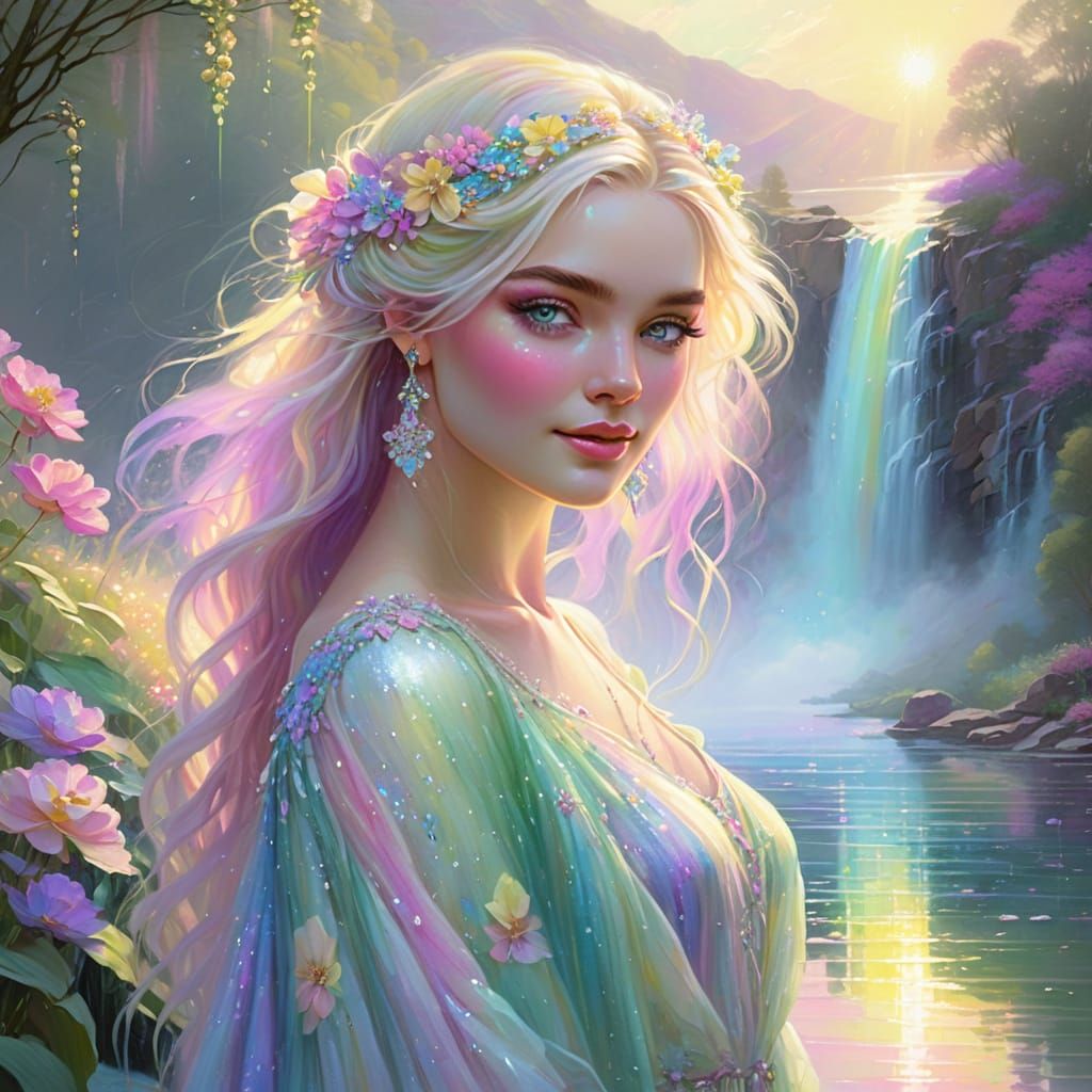 Ethereal Woman by Rainbow Waterfall, Pastel Hues