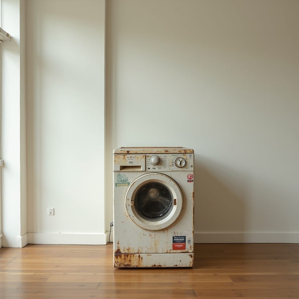Rusty Washing Machine in Minimalist Interior: Hyperrealistic...