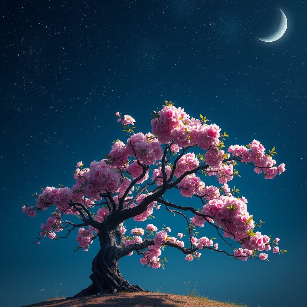 Ethereal Cherry Blossom Tree Under Starry Indigo Night Sky