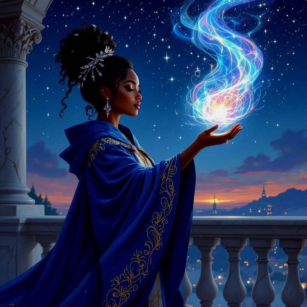 Black Woman Wizard Conjures Magic on Balcony