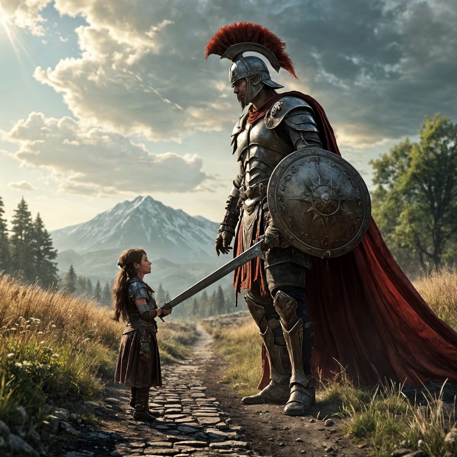 Skyrim Warrior Protecting a Girl in Field, Fantasy Art