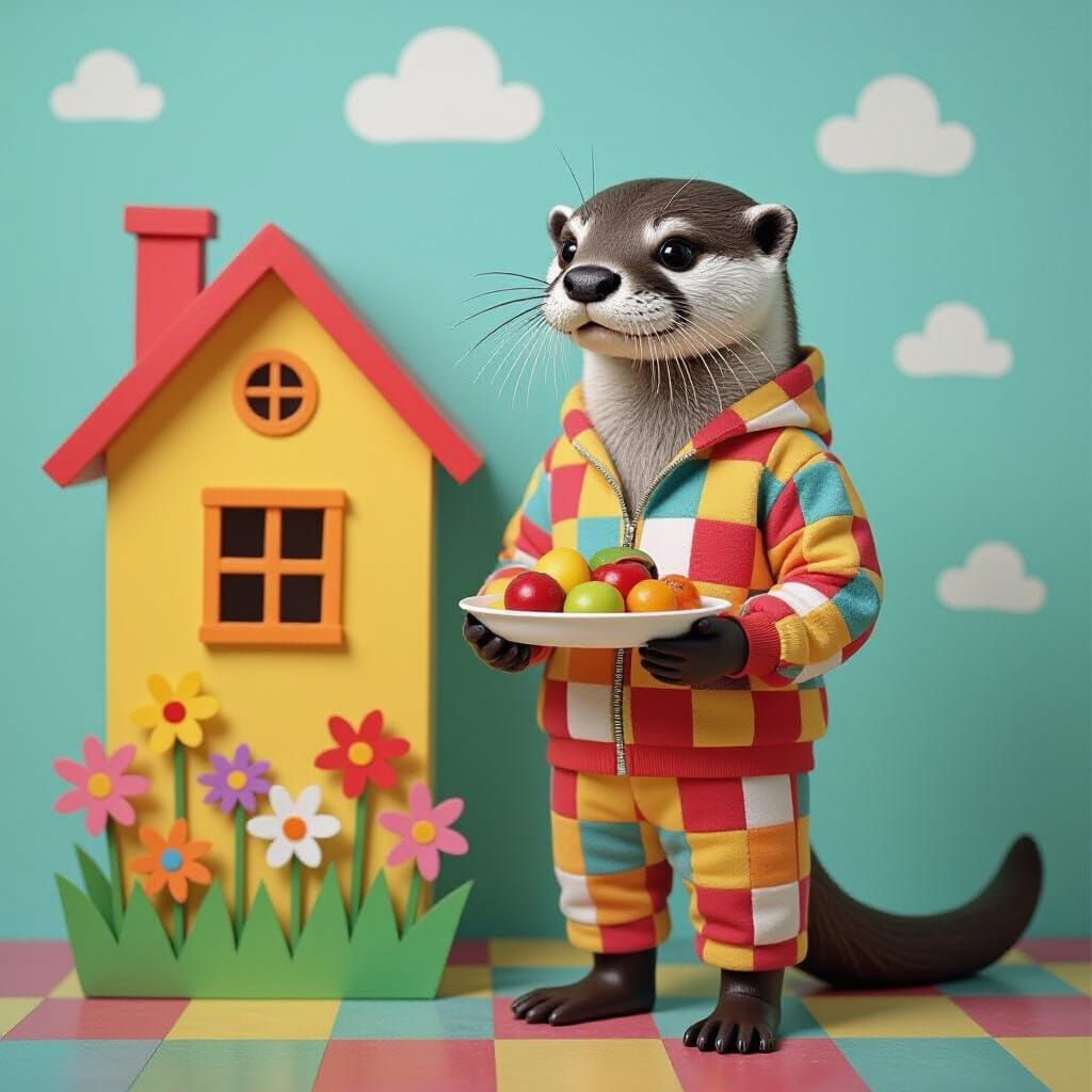 a tall otter standing in a colorful textured track suit, wit...