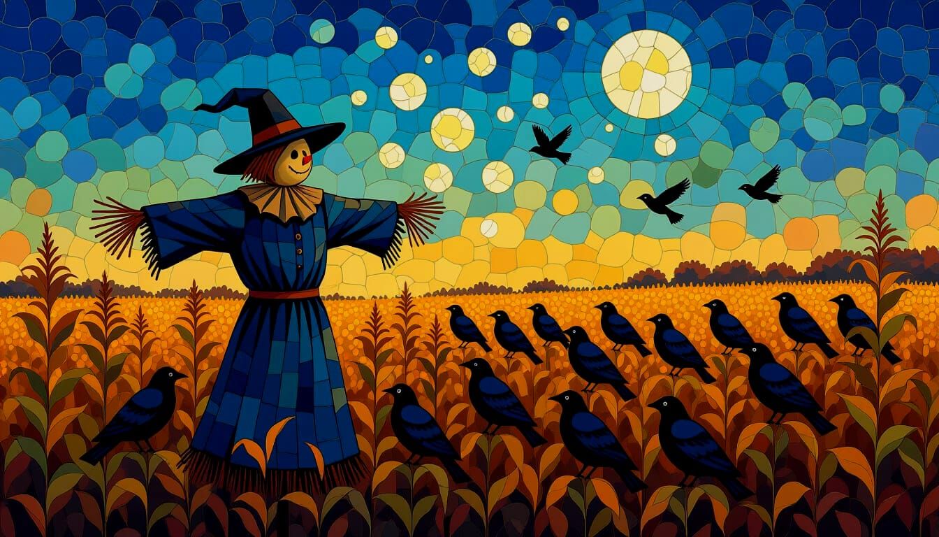 Nighttime Fall Farm Scene with Scarecrow and Bubbles in Mosa...