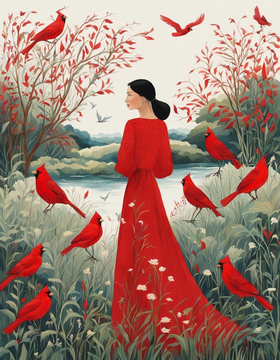 Elegant Woman in Red Dress in Lush Meadow