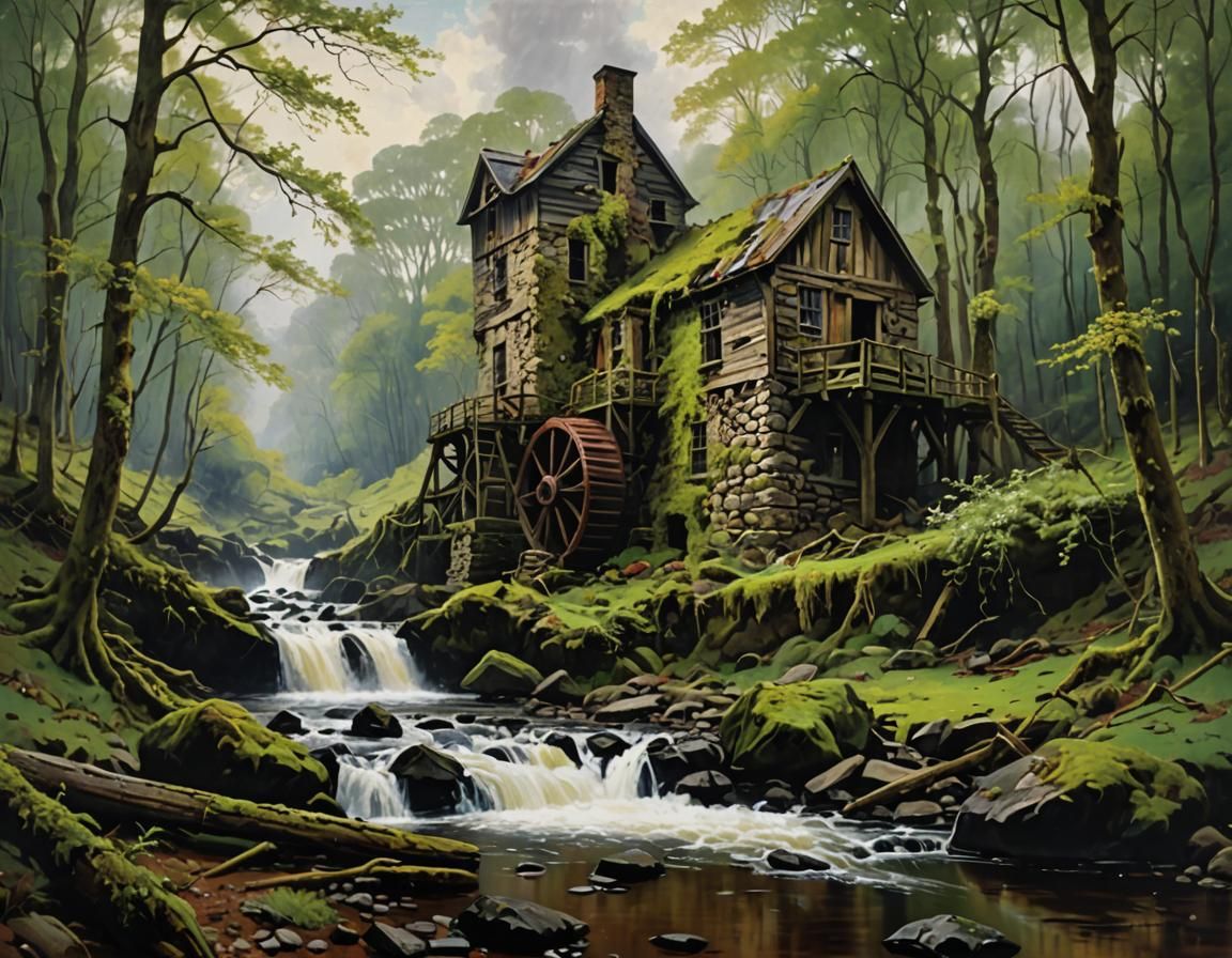 Old Mill in Forest Stream: Oil Painting