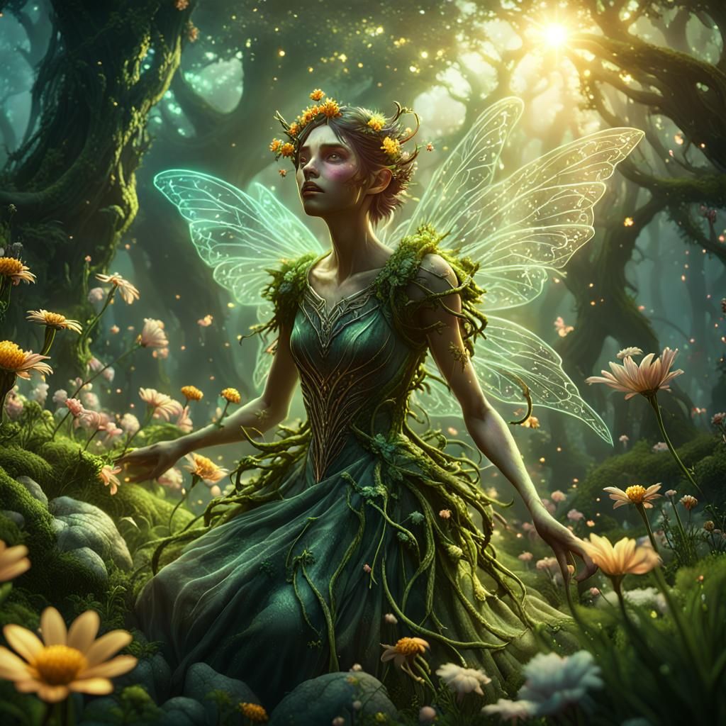 Fairy Swallowed by Nature in a 3D Rendered Scene