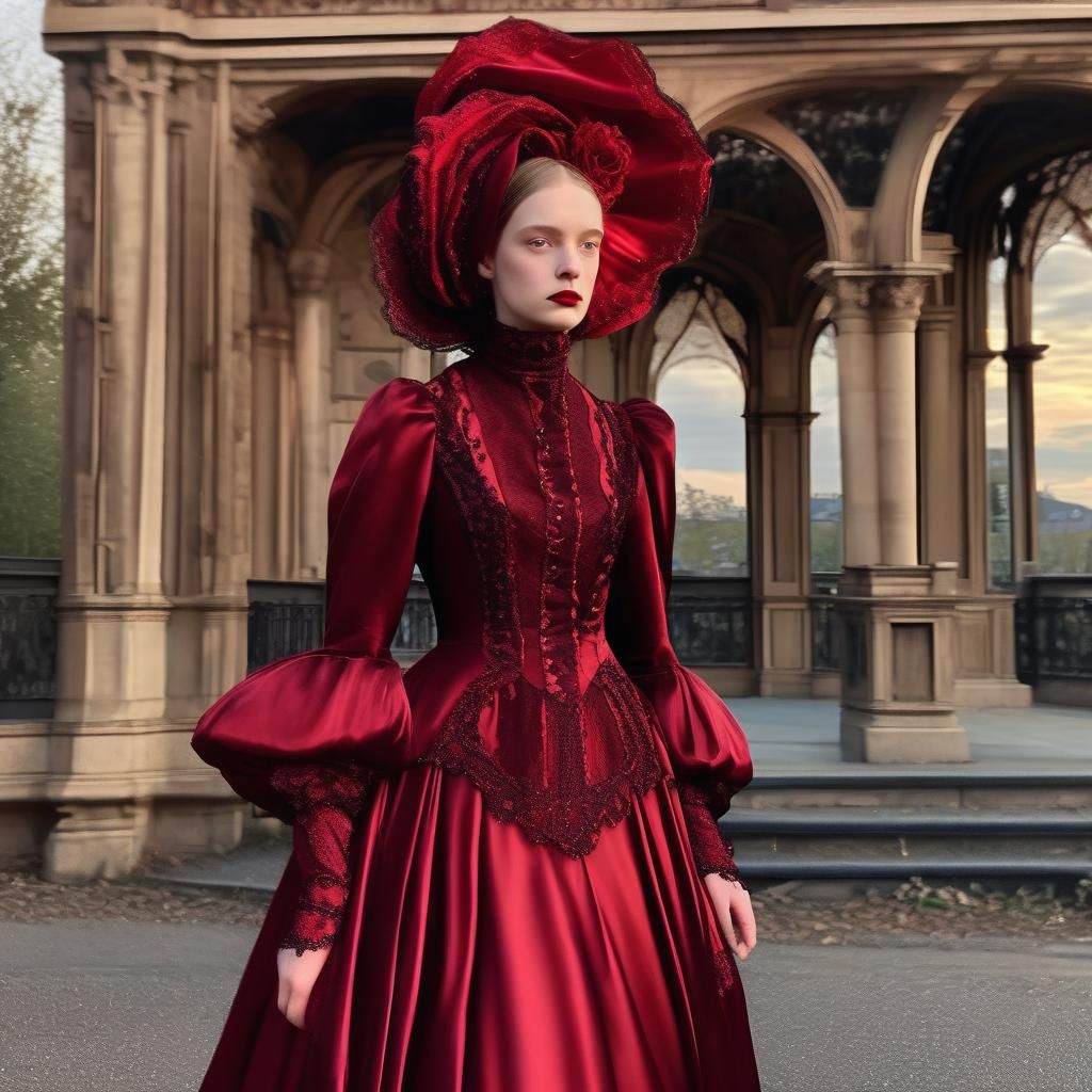 Victorian Mourning Gown in Ruby Red Satin