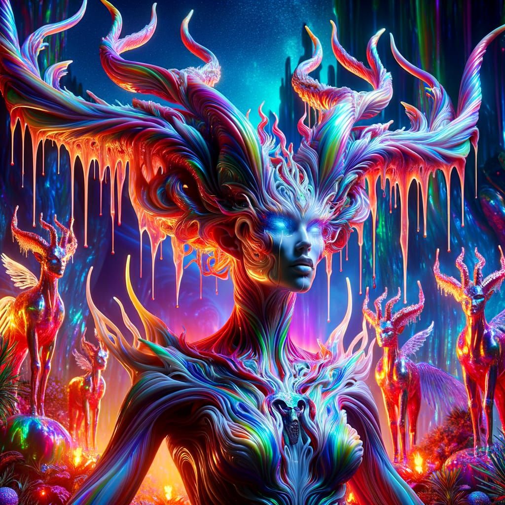 Goddess with Iridescent Antelope Horns in Neon Landscape