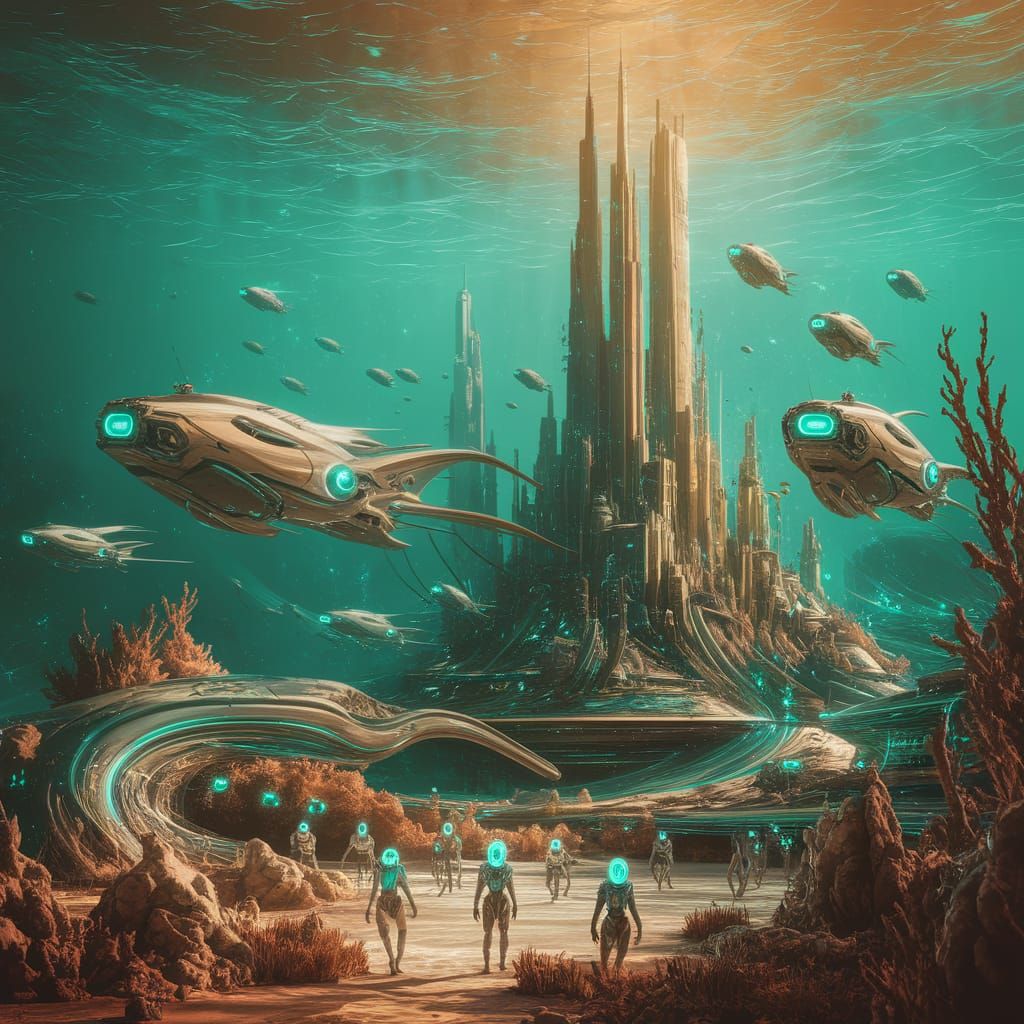 Futuristic Underwater City in Turquoise Digital Matte Painti...