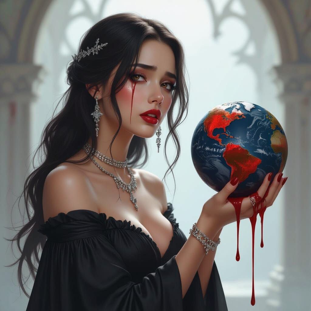 Gothic Girl Cries Holding Bleeding Earth