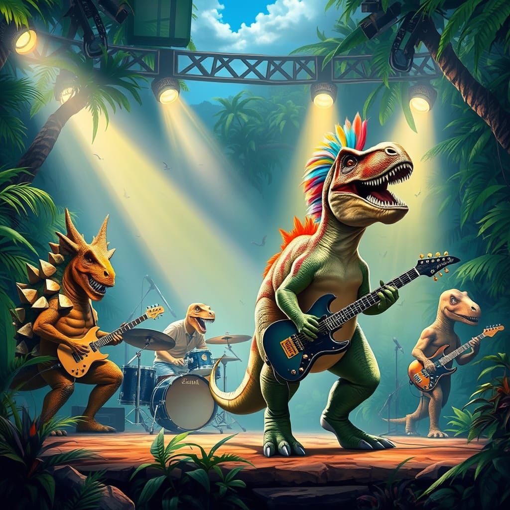 Prehistoric Rockstars in Vibrant Jungle Stage