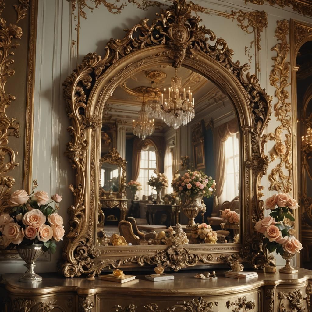 Ornate Mirror Reflects Baroque Grandeur in Golden Light