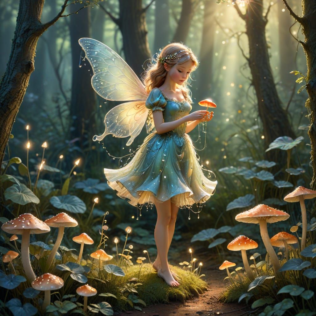 Enchanting Fairy Tending Glowing Mushrooms in Sun-Dappled Gl...