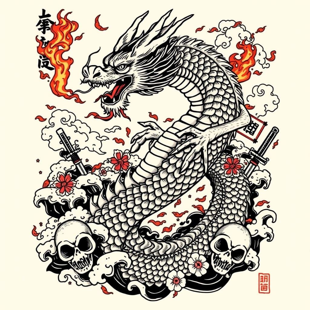 Dragon Tattoo Design with Skulls and Sakura, Flash Style