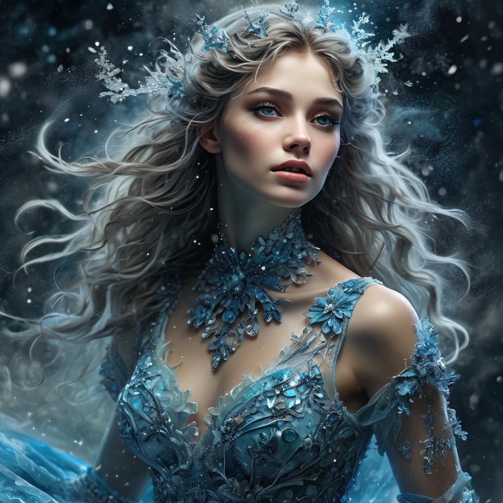 Ethereal Woman Emerges from Frosty Smoke