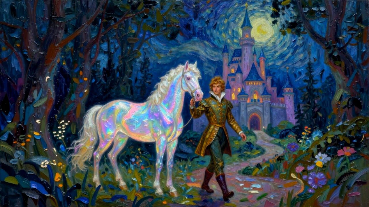 Prince and His Mother-of-Pearl Horse in Fantasy Forest