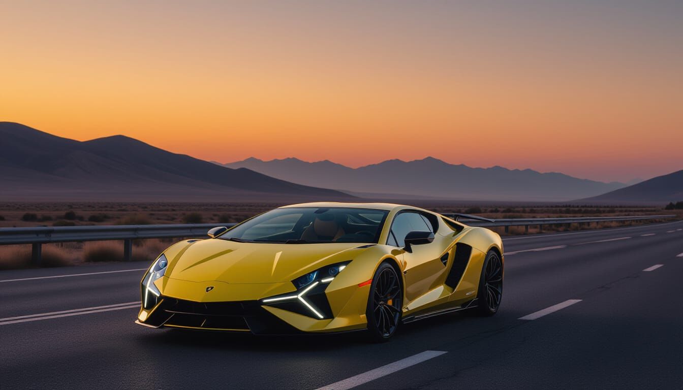 Yellow Lamborghini Sian on Deserted Highway at Dusk