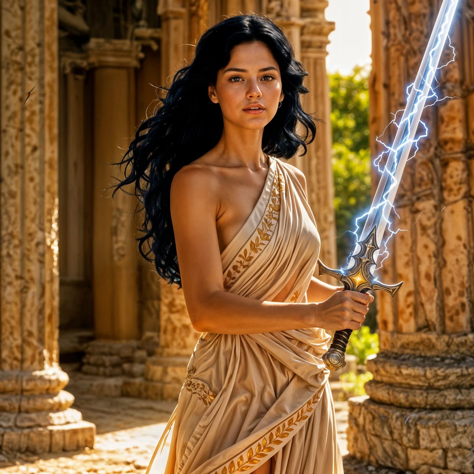 Beautiful Woman Wielding a Lightning Sword