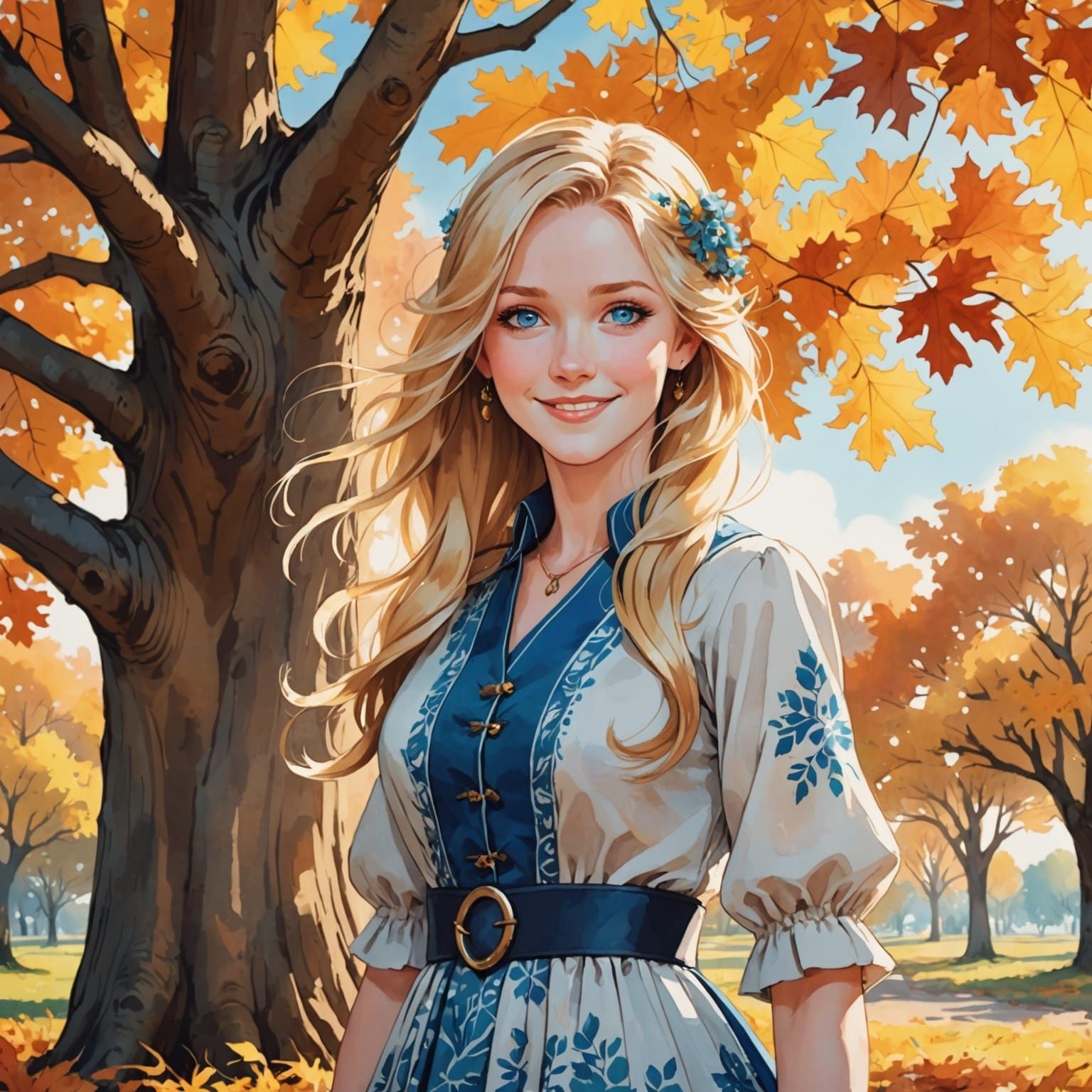 Woman in Autumn Dress, Watercolor Style