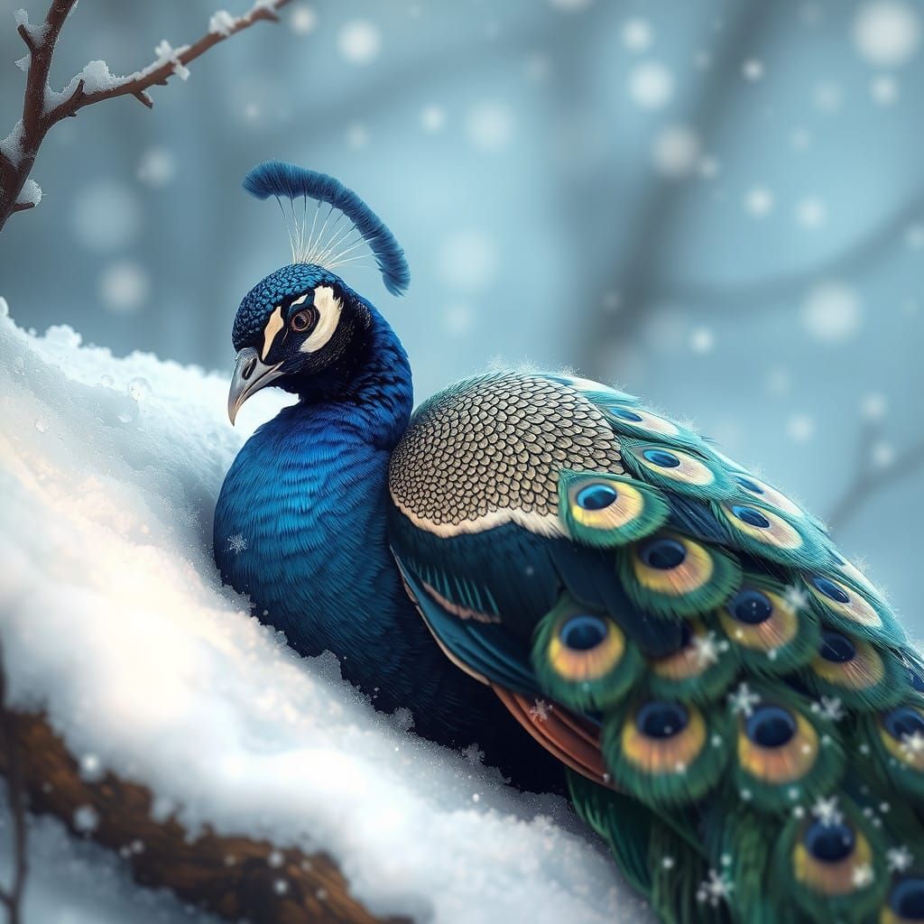 Whimsical Peacock in Snowy Slumber